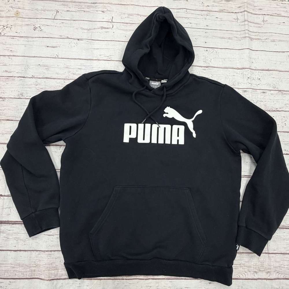 Puma Black Hoodie White Logo Mens Pullover Sweatshirt Kangaroo Pocket